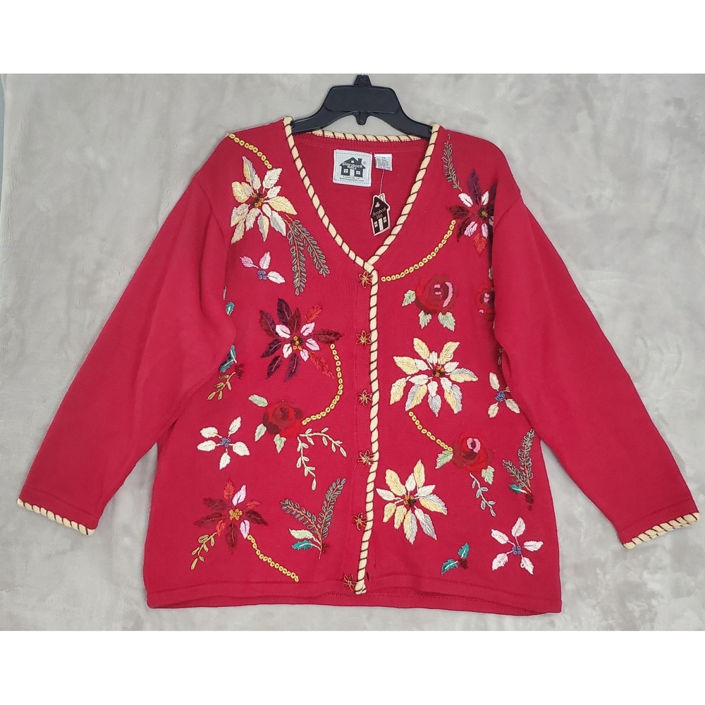 Storybook Knits Christmas Sweater Womens 2X Red Holiday Poinsettia Cardigan NWT